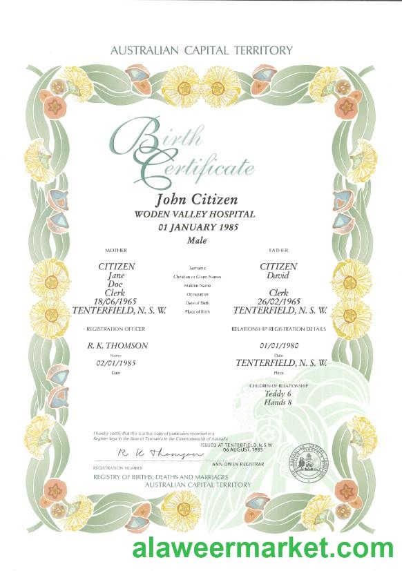 Australia Australian Capital Territory decorative (commemorative) birth certificate template in PSD format